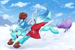 Size: 3000x2000 | Tagged: safe, derpibooru import, north star, oc, unofficial characters only, earth pony, gryphon, pony, image, medicine, png, running, snow