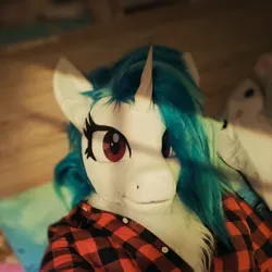 Size: 2048x2048 | Tagged: safe, artist:essorille, artist:vinylpone, derpibooru import, vinyl scratch, anthro, human, pony, unicorn, animal costume, bed, blue mane, chest fluff, close-up, clothes, cosplay, costume, cute, equine, female, furry, fursuit, g4, horn, image, indoors, irl, irl human, jpeg, light rays, looking at you, lying down, mare, messy mane, morning, on bed, photo, plaid, plaid shirt, plushie, ponysuit, purple eyes, ruffled hair, shirt, solo