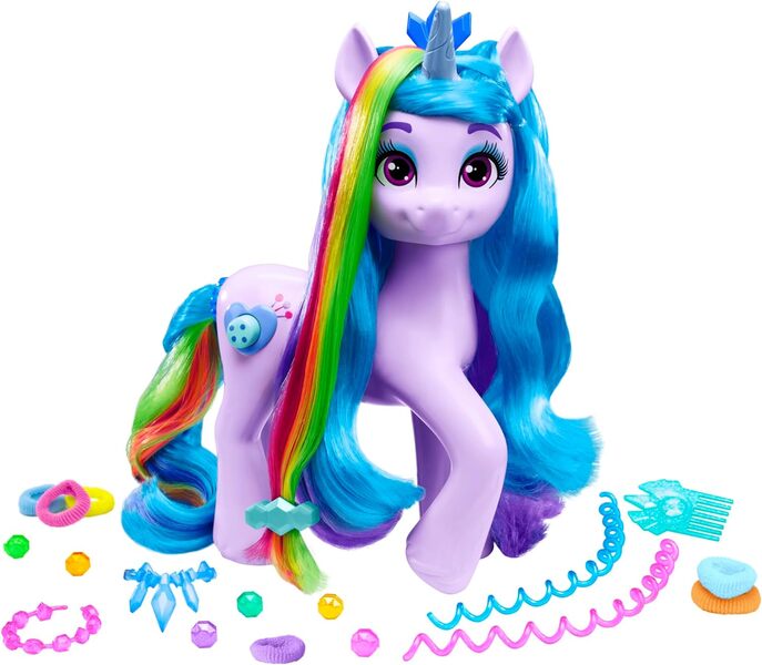 Size: 1500x1310 | Tagged: safe, derpibooru import, official, izzy moonbow, pony, unicorn, g5, my little pony: tell your tale, 2024, brushable, female, horn, image, izzy rainbow, jpeg, mare, photo, rainbow styles izzy moonbow, simple background, solo, the blockywockys, toy, white background