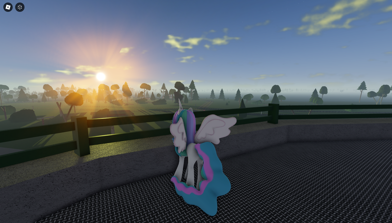 Size: 1858x1057 | Tagged: safe, derpibooru import, princess celestia, alicorn, pony, cloud, game screencap, image, platform, png, railing, roblox, solo, sun, sunrise, tree, twisted (game)