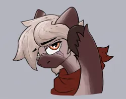 Size: 1101x866 | Tagged: safe, artist:reddthebat, derpibooru import, oc, oc:number seven, unofficial characters only, earth pony, pony, bandana, bust, coat markings, eye scar, eyebrows, eyebrows visible through hair, facial scar, gray background, image, jpeg, lidded eyes, looking at you, male, scar, simple background, solo, stallion, unshorn fetlocks