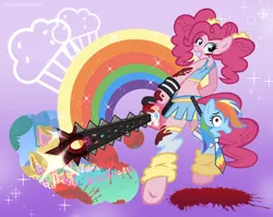 Size: 1359x1080 | Tagged: grimdark, artist:kidzombie_, derpibooru import, pinkie pie, rainbow dash, earth pony, pegasus, pony, semi-anthro, bipedal, blood, chainsaw, cheerleader, cheerleader outfit, cheerleader pinkie, clothes, crossover, disembodied head, female, food, gradient background, hoof hold, image, jpeg, lollipop chainsaw, mare, muffin, necktie, open mouth, open smile, pigtails, rainbow, smiling, twintails