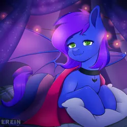 Size: 2000x2000 | Tagged: safe, alternate version, artist:erein, derpibooru import, oc, oc:nightstaroc, unofficial characters only, bat pony, pony, alternate character, bat pony oc, bat wings, bedroom, bisexual, bisexual pride flag, choker, colored wings, commission, ears up, fangs, female, flag, garland, green eyes, high res, image, indoors, jewelry, jpeg, lgbt, looking at you, multicolored hair, multicolored tail, necklace, night, pillow, pride, pride flag, pride month, room, smiling, smiling at you, solo, string lights, tail, wings, ych result