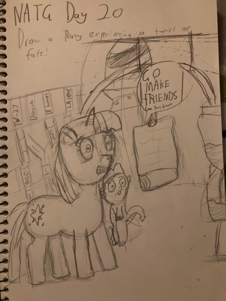 Size: 3024x4032 | Tagged: safe, artist:goldenmidnight, derpibooru import, spike, twilight sparkle, unicorn, friendship is magic, bookshelf, g4, hourglass, image, implied princess celestia, jpeg, newbie artist training grounds, shocked, shocked expression, unicorn twilight