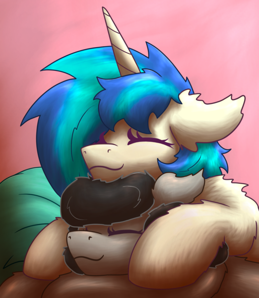 Size: 2000x2300 | Tagged: safe, artist:gosha305, derpibooru import, octavia melody, vinyl scratch, earth pony, pony, unicorn, bust, cute, duo, ear fluff, eyes closed, female, fluffy, horn, image, lesbian, lying down, mare, morning, pillow, pink background, png, portrait, scratchtavia, shipping, shoulder fluff, simple background, sleeping, smiling, snuggling, tavibetes, vinylbetes