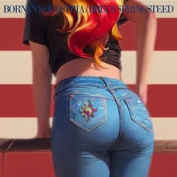 Size: 1500x1500 | Tagged: suggestive, ai content, derpibooru import, machine learning generated, sunset shimmer, human, equestria girls, album cover, ass, bunset shimmer, butt, clothes, denim, g4, image, jeans, pants, parody, png