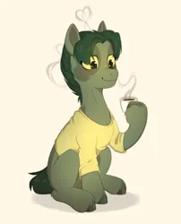 Size: 872x1080 | Tagged: safe, artist:chevapchichi_, derpibooru import, earth pony, pony, bangs, clothes, coffee, coffee cup, cup, freckles, g4, green eyes, green mane, green pony, hooves, image, png, raised hoof, shirt, short mane, simple background, smiling, smoke, t-shirt