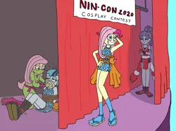 Size: 1510x1130 | Tagged: safe, artist:bugssonicx, derpibooru import, edit, fluttershy, maud pie, pinkie pie, sonata dusk, human, equestria girls, armpits, bondage, brightly colored ninjas, chloroform, clothes, cosplay, costume, crossed arms, curtains, disguise, dress, female, g4, grin, image, kimono minidress, kunoichi, lidded eyes, mai shiranui, minidress, nami, ninja, one piece, png, posing for photo, rope, sandals, shadow, shipping, smiling, socks, stage, tied up, wig