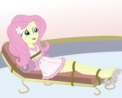 Size: 2500x2000 | Tagged: safe, artist:nie-martw-sie-o-mnie, derpibooru import, part of a set, fluttershy, human, equestria girls, bathrobe, bondage, butterfly hairpin, clothes, feather, feet, female, femsub, fluttersub, foot tickling, g4, image, png, robe, rope, rope bondage, solo, spa, submissive, tickling, tied down