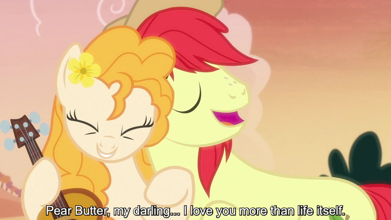 Size: 1280x720 | Tagged: safe, derpibooru import, edit, edited screencap, editor:jaredking779, screencap, bright mac, pear butter, earth pony, pony, g4, season 7, the perfect pear, caption, cowboy hat, disney, female, flower, flower in hair, guitar, hat, image, jpeg, male, mare, musical instrument, reference, robin hood, stallion, stetson, text