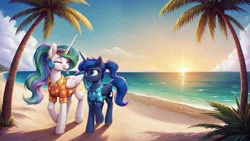 Size: 2560x1440 | Tagged: safe, ai content, derpibooru import, generator:autismmixconfetti, machine learning generated, princess celestia, princess luna, alicorn, pony, between dark and dawn, alternate hairstyle, beach, clothes, cloud, duo, eyes closed, female, front view, g4, happy, hawaiian shirt, image, jpeg, mare, ocean, palm tree, ponytail, prompter:siber, shirt, sky, smiling, sunglasses, sunglasses on head, sunrise, talking, talking to each other, tree, walking, water