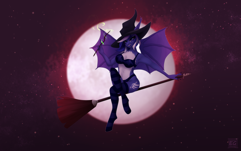 Size: 3456x2160 | Tagged: suggestive, artist:elektra-gertly, derpibooru import, oc, oc:rainey lovers, unofficial characters only, anthro, bat pony, breasts, broom, clothes, female, flying, flying broomstick, hat, image, moon, night, night sky, panties, png, sky, socks, solo, solo female, striped socks, thigh highs, underwear, witch, witch hat