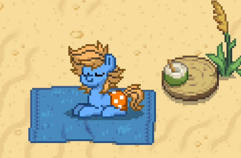 Size: 1012x665 | Tagged: safe, derpibooru import, oc, oc:blue cookie, unofficial characters only, earth pony, pony, pony town, beach, clothes, cute, digital art, earth pony oc, eyes closed, image, jpeg, male, photo, pixel art, smiling, solo, stallion, swimming trunks, swimsuit