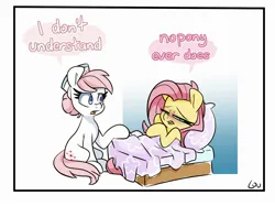 Size: 2000x1496 | Tagged: safe, artist:lou, ponerpics import, fluttershy, nurse redheart, pony, bed, female, hat, image, jpeg, mare, nurse hat, text