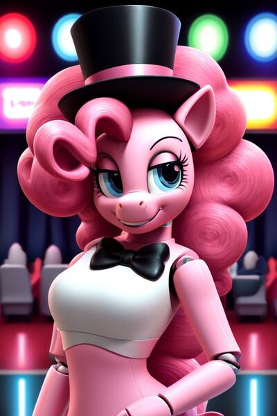 Size: 512x768 | Tagged: safe, ai content, derpibooru import, machine learning generated, prompter:chillyhooves, stable diffusion, pinkie pie, anthro, pony, robot, robot pony, animatronic, five nights at pinkie's, image, jpeg, magician outfit, solo