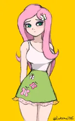 Size: 1335x2160 | Tagged: safe, artist:lukamelmc, derpibooru import, fluttershy, human, equestria girls, breasts, busty fluttershy, clothes, female, g4, human coloration, image, png, simple background, skirt, sleeveless, solo, tanktop, yellow background