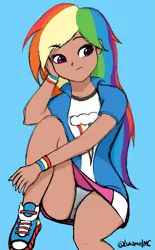 Size: 1335x2160 | Tagged: suggestive, artist:lukamelmc, derpibooru import, rainbow dash, human, equestria girls, blue background, clothes, dark skin, female, g4, image, miniskirt, panties, png, simple background, skirt, skirt lift, solo, underwear, upskirt