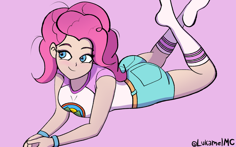 Size: 3456x2160 | Tagged: safe, artist:lukamelmc, derpibooru import, pinkie pie, human, equestria girls, ass, balloonbutt, blushing, butt, camp everfree outfits, clothes, feet, g4, high res, human coloration, image, lying down, messy hair, messy mane, missing shoes, pink background, png, prone, shorts, simple background, socks, solo, stocking feet, the pose, wristband