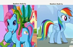 Size: 766x500 | Tagged: artist needed, safe, derpibooru import, edit, edited screencap, screencap, rainbow dash, rainbow dash (g3), earth pony, pegasus, pony, g3, the princess promenade, wonderbolts academy, comparison, female, folded wings, g3 to g4, g4, generation leap, hoof over mouth, image, jpeg, open mouth, open smile, pinterest, smiling, standing, text, wings