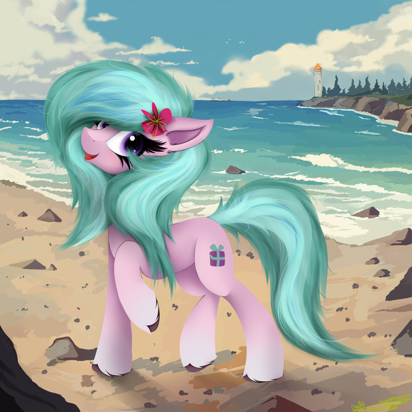 Size: 4000x4000 | Tagged: safe, artist:ser-p, derpibooru import, earth pony, pony, g5, absurd resolution, adordahlia, beach, cloud, cute, dahlia, flower, flower in hair, happy, image, lighthouse, ocean, open mouth, open smile, png, raised leg, rock, smiling, solo, unshorn fetlocks, water