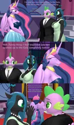 Size: 1920x3240 | Tagged: safe, artist:papadragon69, derpibooru import, princess twilight 2.0, queen chrysalis, spike, twilight sparkle, twilight sparkle (alicorn), alicorn, anthro, the last problem, 3d, clothes, comic, dress, female, g4, gala dress, gigachad spike, grand galloping gala, image, jewelry, male, necklace, older, older spike, older twilight, older twilight sparkle (alicorn), pearl necklace, png, ship:chryspike, shipping, source filmmaker, straight, suit