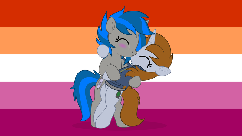 Size: 9671x5440 | Tagged: safe, artist:jhayarr23, derpibooru import, oc, oc:homage, oc:littlepip, fallout equestria, background, commission, commissioner:solar aura, cute, eyes closed, female, image, kissing, lesbian, lesbian pride flag, oc x oc, pipmage, png, pride, pride flag, pride month, shipping, transbian pride flag