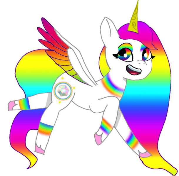 Size: 640x631 | Tagged: safe, artist:sallythepinkdog2024, derpibooru import, oc, oc:rainbow light, unofficial characters only, alicorn, pony, g5, my little pony: tell your tale, alicorn oc, colored wings, female, horn, image, multicolored hair, multicolored wings, open mouth, open smile, png, rainbow eyes, rainbow eyeshadow, rainbow hair, rainbow wings, simple background, smiling, solo, spread wings, white background, wings