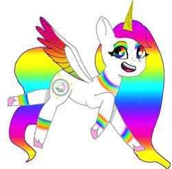 Size: 640x631 | Tagged: safe, artist:sallythepinkdog2024, derpibooru import, oc, oc:rainbow light, unofficial characters only, alicorn, pony, g5, my little pony: tell your tale, alicorn oc, colored wings, female, horn, image, multicolored hair, multicolored wings, open mouth, open smile, png, rainbow eyes, rainbow eyeshadow, rainbow hair, rainbow wings, simple background, smiling, solo, spread wings, white background, wings