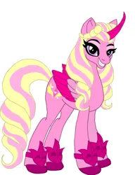 Size: 640x834 | Tagged: safe, artist:sallythepinkdog2024, derpibooru import, alicorn, pony, g5, alternate color palette, alternate design, colored hooves, colored wings, eyeshadow, female, folded wings, g4, g5 to g4, gauntlet, generation leap, hooves, image, looking at you, makeup, opaline arcana, png, simple background, smiling, solo, white background, wings