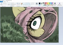 Size: 1295x931 | Tagged: safe, artist:melodylibris, derpibooru import, fluttershy, pegasus, pony, art program in frame, big ears, big eyes, desaturated, eye clipping through hair, female, frown, g4, hatching (technique), image, jpeg, leaves in mane, legitimately amazing mspaint, looking at something, mare, ms paint, offscreen character, outdoors, pink mane, shrunken pupils, solo, teal eyes, thick eyelashes, unusual pupils, white pupils, wide eyes, yellow coat