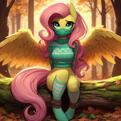 Size: 1012x1012 | Tagged: suggestive, ai content, derpibooru import, machine learning generated, prompter:glimmy-glam, fluttershy, anthro, blushing, bondage, bottomless, bound and gagged, clothes, cuffs, eyebrows, female, forest, g4, gag, generator:dall-e 3, image, jpeg, knees pressed together, log, looking at you, moss, nature, no pants, partial nudity, raised eyebrow, sitting, socks, solo, solo female, spread wings, strategically covered, striped socks, sweater, tree, turtleneck, wings