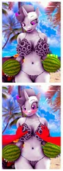 Size: 1505x4096 | Tagged: suggestive, artist:shadowuwu, oc, oc:hazel radiate, unofficial characters only, anthro, 3d, beach, bikini, blushing, breast grab, breasts, clothes, female, food, grope, image, jpeg, swimsuit, watermelon