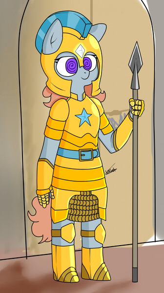 Size: 716x1280 | Tagged: safe, artist:lebatoman, derpibooru import, oc, oc:shady night, anthro, pony, armor, brainwashed, brainwashing, image, jpeg, mind control, royal guard, royal guard armor, spear, weapon