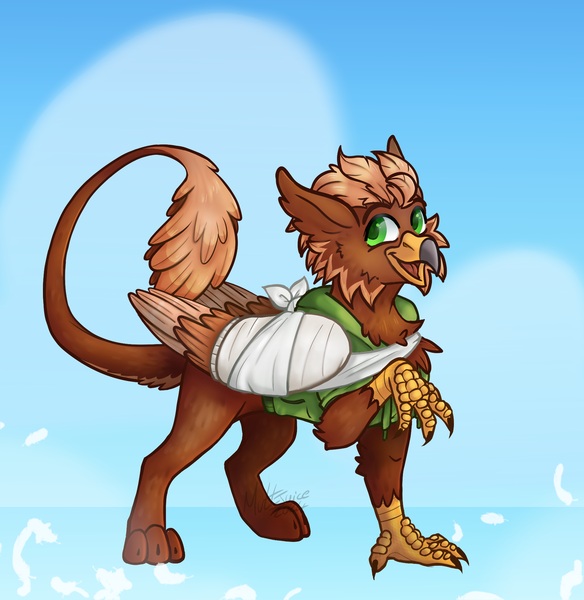 Size: 1809x1857 | Tagged: safe, artist:muttjuice, derpibooru import, oc, oc:pavlos, gryphon, bandage, beak, blue background, broken bone, broken wing, cast, cheek fluff, claws, clothes, colored wings, commission, eared griffon, griffon oc, happy, image, injured, non-pony oc, nonbinary, png, simple background, sling, smiling, tail, wings