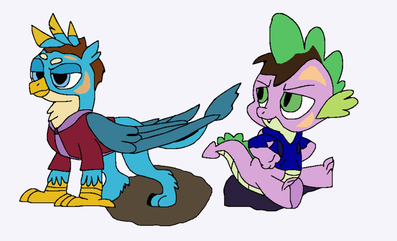 Size: 1068x650 | Tagged: safe, artist:mojo1985, derpibooru import, gallus, spike, oc, dragon, gryphon, human, age regression, clothes, duo, duo male, g4, hoodie, human oc, human to dragon, human to griffon, image, lidded eyes, male, mid-transformation, pants, png, simple background, sitting, transformation, white background, younger