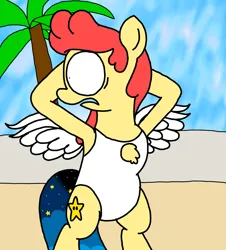 Size: 3023x3351 | Tagged: safe, artist:professorventurer, derpibooru import, oc, oc:power star, pegasus, pony, barrier, chest fluff, chubby, clothes, female, floof window, image, mare, one-piece swimsuit, palm tree, png, rule 85, spread wings, super mario 64, super mario bros., swimsuit, tree, wings