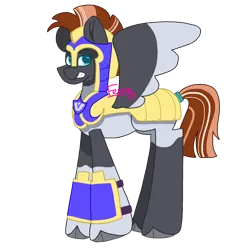 Size: 2048x2048 | Tagged: safe, artist:femurthechangeling, derpibooru import, oc, oc:vanilla dusk, unofficial characters only, pegasus, pony, armor, body markings, coat markings, colored wings, g4, guard, helmet, image, looking at you, male, multicolored wings, pegasus oc, png, ponytail, royal guard, royal guard armor, signature, simple background, simple shading, smiling, smiling at you, socks (coat marking), solo, spread wings, transparent background, wings