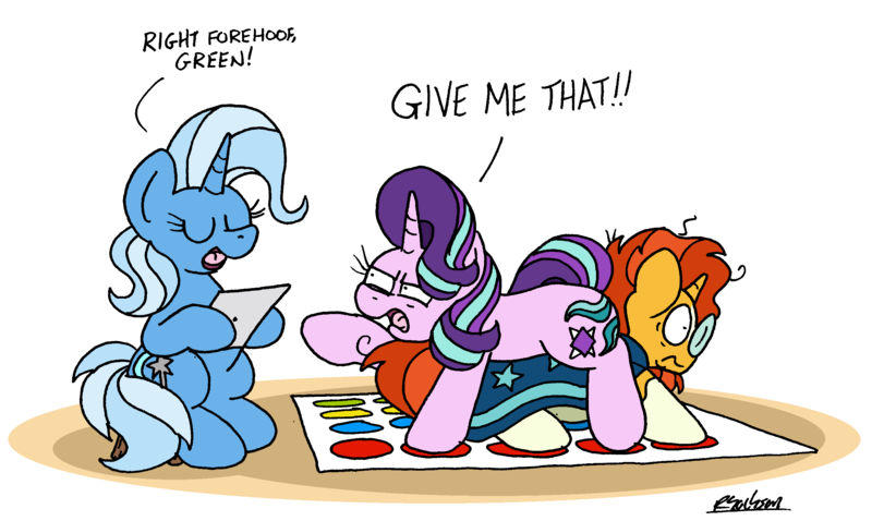 Size: 2576x1538 | Tagged: safe, artist:bobthedalek, derpibooru import, starlight glimmer, sunburst, trixie, pony, unicorn, atg 2024, blaze (coat marking), cloak, clothes, coat markings, dance dance revolution, dialogue, embarrassed, eyes closed, facial markings, female, g4, game, glasses, horn, image, implied shipping, implied starburst, implied straight, male, mare, newbie artist training grounds, open mouth, open smile, png, sitting, smiling, socks (coat marking), stallion, starlight glimmer is not amused, sunburst's cloak, sunburst's glasses, trio, twister, unamused, wavy mouth