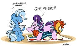 Size: 2576x1538 | Tagged: safe, artist:bobthedalek, derpibooru import, starlight glimmer, sunburst, trixie, pony, unicorn, atg 2024, blaze (coat marking), cloak, clothes, coat markings, dance dance revolution, dialogue, embarrassed, eyes closed, facial markings, female, g4, game, glasses, horn, image, implied shipping, implied starburst, implied straight, male, mare, newbie artist training grounds, open mouth, open smile, png, sitting, smiling, socks (coat marking), stallion, starlight glimmer is not amused, sunburst's cloak, sunburst's glasses, trio, twister, unamused, wavy mouth