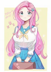 Size: 1460x2048 | Tagged: safe, artist:bubbletea, derpibooru import, fluttershy, human, anime style, bag, big breasts, breasts, busty fluttershy, butterfly hairpin, clothes, female, g4, humanized, image, jpeg, looking at you, passepartout, sailor uniform, school bag, school uniform, schoolgirl, skirt, smiling, solo, uniform