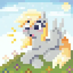 Size: 640x640 | Tagged: safe, artist:syrupyyy, derpibooru import, part of a set, derpy hooves, pegasus, pony, blonde mane, blonde tail, blushing, cute, derp, derpabetes, digital art, emanata, eyelashes, female, flower, g4, grass, gray coat, image, lying down, mare, open mouth, outdoors, pixel art, png, prone, sky, solo, spread wings, sun, tail, wings