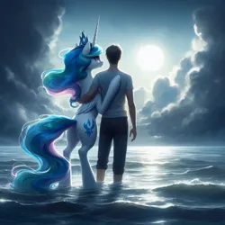 Size: 1024x1024 | Tagged: safe, ai content, anonymous prompter, derpibooru import, machine learning generated, princess celestia, alicorn, human, pony, cloud, crepuscular rays, crown, duo, female, g4, generator:bing image creator, generator:dall-e 3, image, jewelry, jpeg, male, mare, ocean, regalia, standing, water, wrong cutie mark