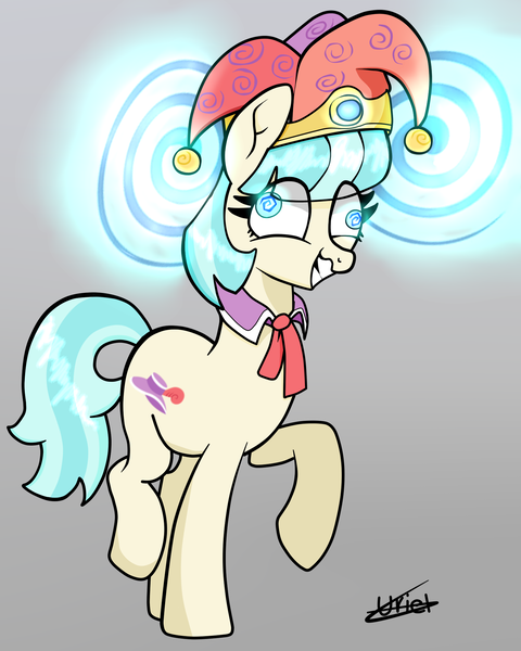 Size: 1600x2000 | Tagged: safe, artist:lebatoman, derpibooru import, coco pommel, earth pony, pony, brainwashing, forced smile, g4, hat, image, jester hat, mind control, png, smiling, solo, swirly eyes