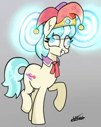 Size: 1600x2000 | Tagged: safe, artist:lebatoman, derpibooru import, coco pommel, earth pony, pony, brainwashing, forced smile, g4, hat, image, jester hat, mind control, png, smiling, solo, swirly eyes