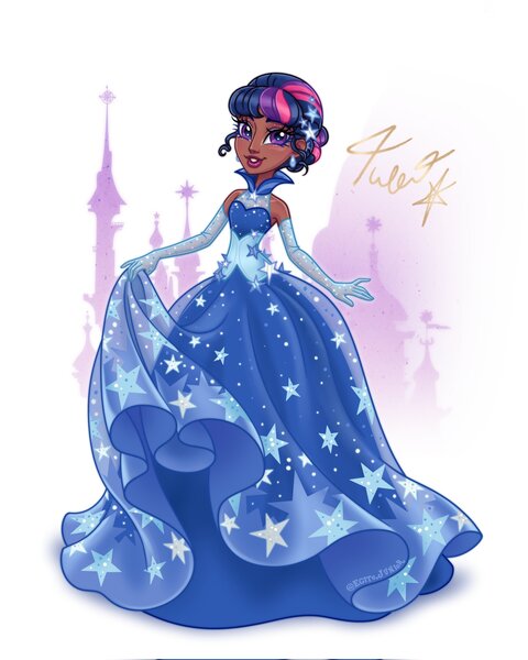 Size: 1638x2048 | Tagged: safe, artist:egitojuniior, derpibooru import, twilight sparkle, human, the best night ever, canterlot castle, castle, clothes, dark skin, dress, ear piercing, earring, evening gloves, female, g4, gala dress, gloves, humanized, image, jewelry, jpeg, lipstick, long gloves, looking at you, piercing, smiling, solo