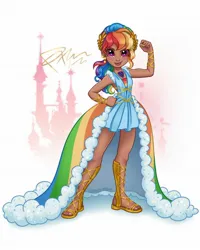 Size: 1638x2048 | Tagged: safe, artist:egitojuniior, derpibooru import, rainbow dash, human, the best night ever, bicep flex, canterlot castle, castle, clothes, dress, feet, female, g4, gala dress, humanized, image, jewelry, jpeg, looking at you, multicolored hair, necklace, rainbow hair, sandals, smiling, solo, tan skin, toes