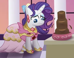 Size: 3500x2763 | Tagged: safe, artist:sweetielover, derpibooru import, rarity, pony, unicorn, atg 2024, castle, chocolate, clothes, costume, dress, ear piercing, earring, female, food, fountain, g4, high res, horn, image, jewelry, looking down, newbie artist training grounds, piercing, png, solo, stain, table, window, worried