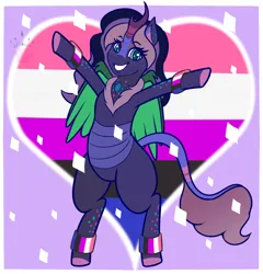 Size: 1200x1250 | Tagged: safe, artist:queenkittyok, derpibooru import, oc, oc:popsicle dagger, unofficial characters only, changedling, changeling, hybrid, kirin, bipedal, changedling oc, changeling oc, commission, cute, freckles, genderfluid, genderfluid pride flag, grin, image, kirin oc, png, pride, pride flag, pride month, smiling, solo, ych result, your character here