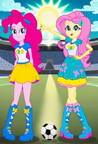 Size: 832x1216 | Tagged: safe, ai content, machine learning generated, prompter:tiamatnightmare, fluttershy, pinkie pie, human, equestria girls, blue sky, female, flutterpie, football field, humanized, image, jpeg, lesbian, shipping