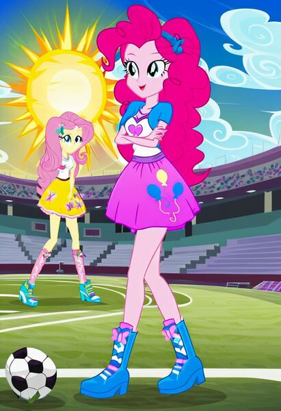 Size: 832x1216 | Tagged: safe, ai content, machine learning generated, prompter:tiamatnightmare, fluttershy, pinkie pie, human, equestria girls, blue sky, female, flutterpie, football field, humanized, image, jpeg, lesbian, shipping